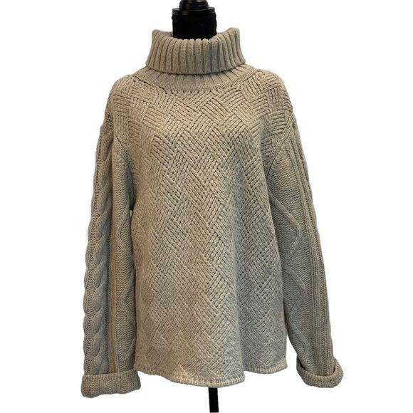 CLERK & teller womens cableknit beige tan brown turtleneck fisherman sweater L - Picture 1 of 10